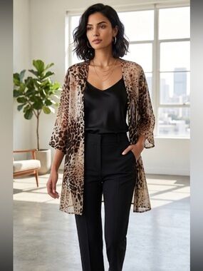Chico’s Leopard Animal Print Sheer Kimono 2 / L Swim Cover Up Festival Layer